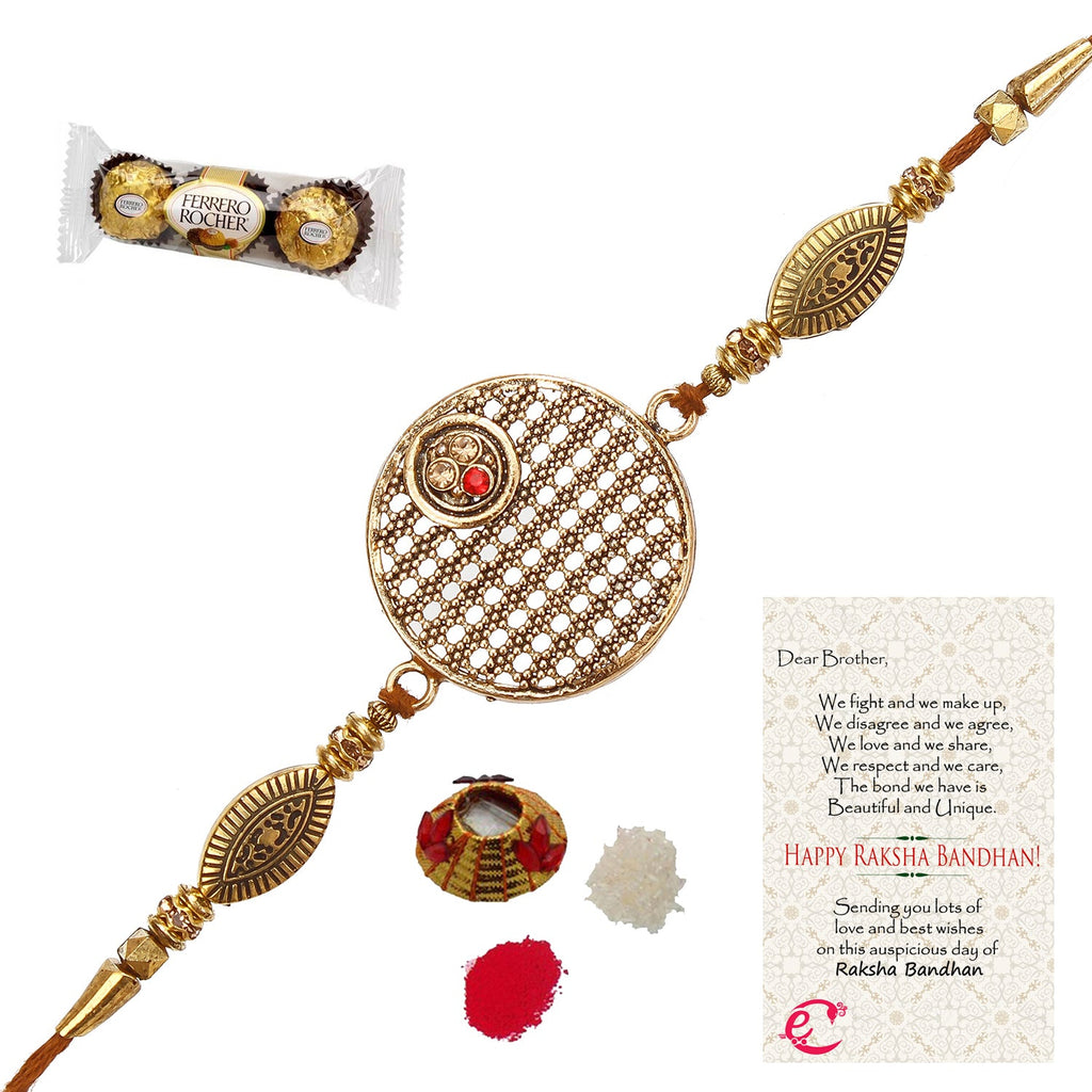 Designer Rakhi with Ferrero Rocher (3 pcs) and Roli Tikka Matki, Best Wishes Greeting Card Kafalo