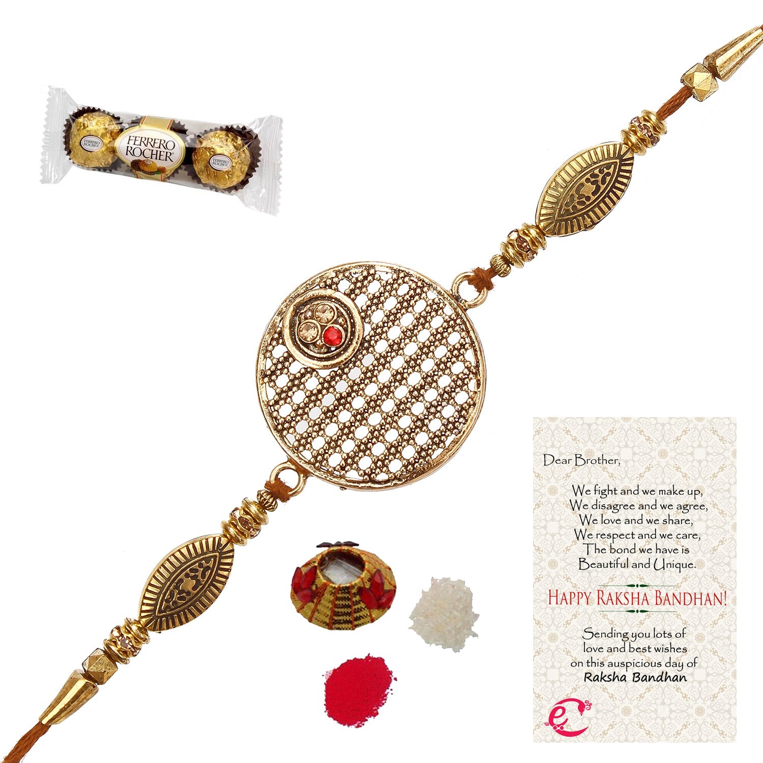 Designer Rakhi with Ferrero Rocher (3 pcs) and Roli Tikka Matki, Best Wishes Greeting Card Kafalo