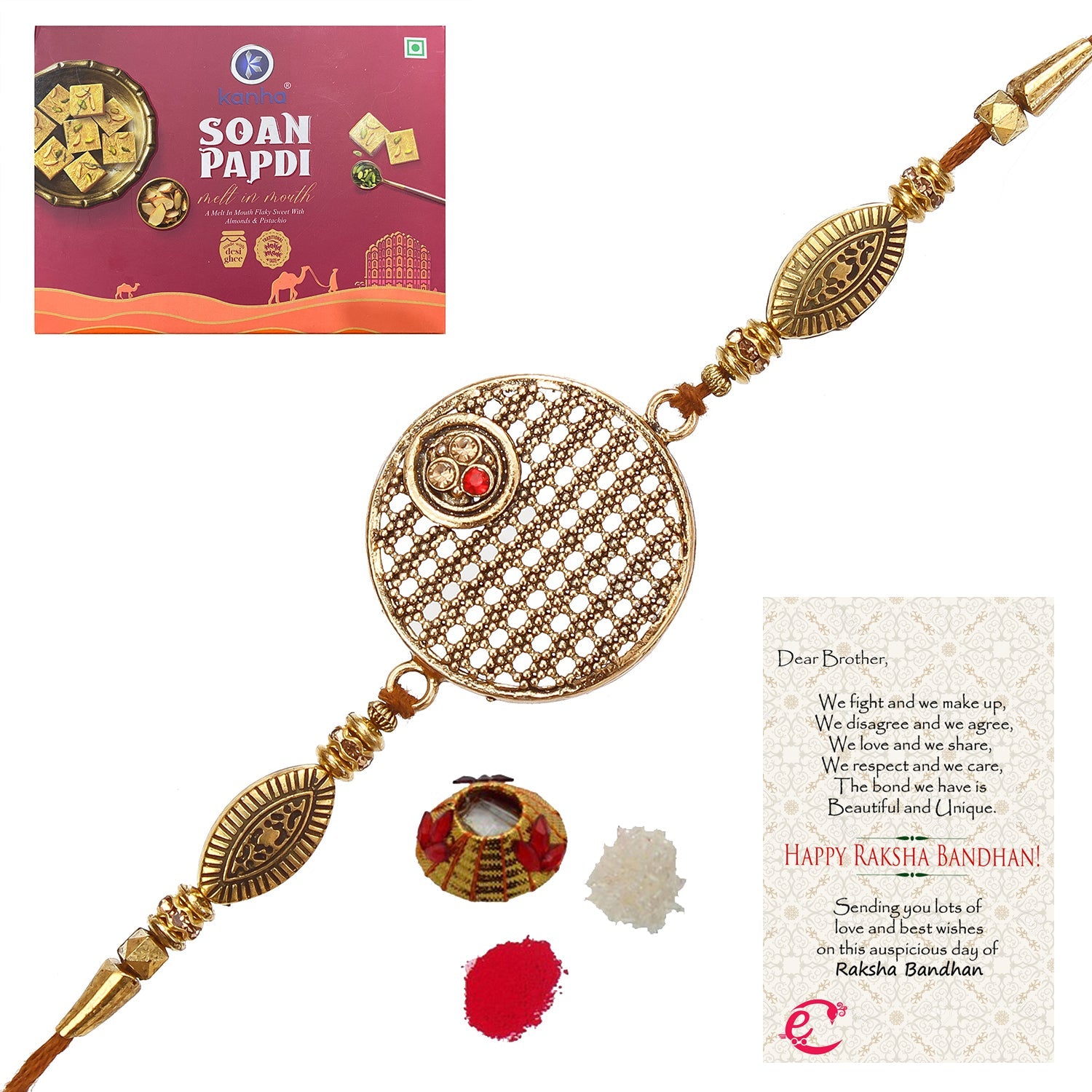 Designer Rakhi with Soan Papdi (500 Gm) and Roli Tikka Matki, Best Wishes Greeting Card Kafalo