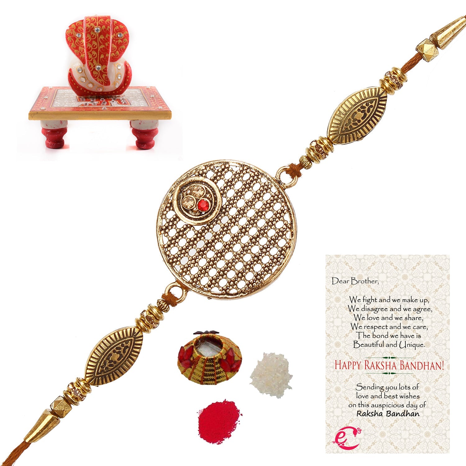 Designer Rakhi with Ridhi Sidhi Marble chowki and Roli Tikka Matki, Best Wishes Greeting Card Kafalo