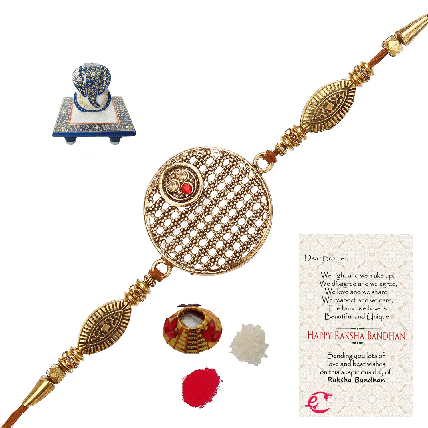 Designer Rakhi with Lord Ganesha Marble Chowki and Roli Tikka Matki, Best Wishes Greeting Card Kafalo