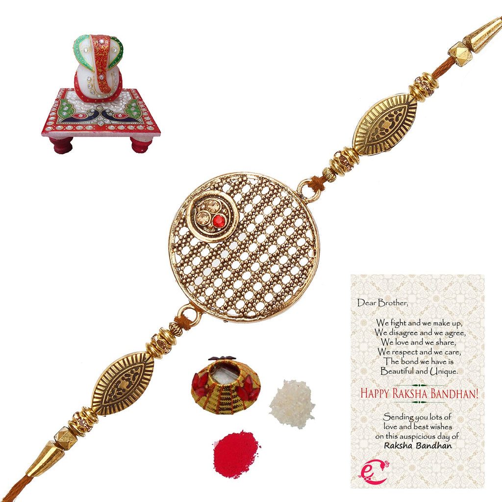 Designer Rakhi with Lord Ganesha Marble Chowki and Roli Tikka Matki, Best Wishes Greeting Card Kafalo