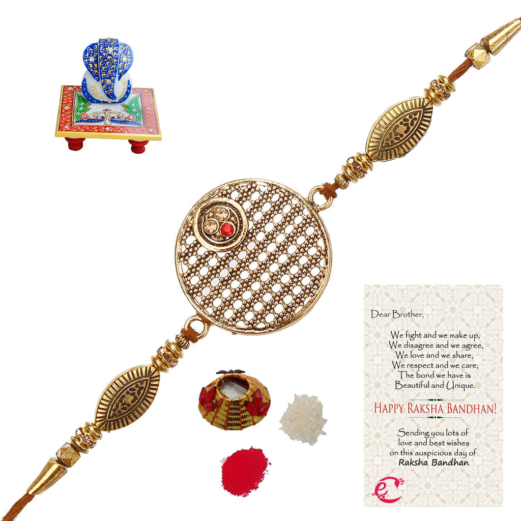 Designer Rakhi with Lord Ganesha on Marble Chowki and Roli Tikka Matki, Best Wishes Greeting Card Kafalo