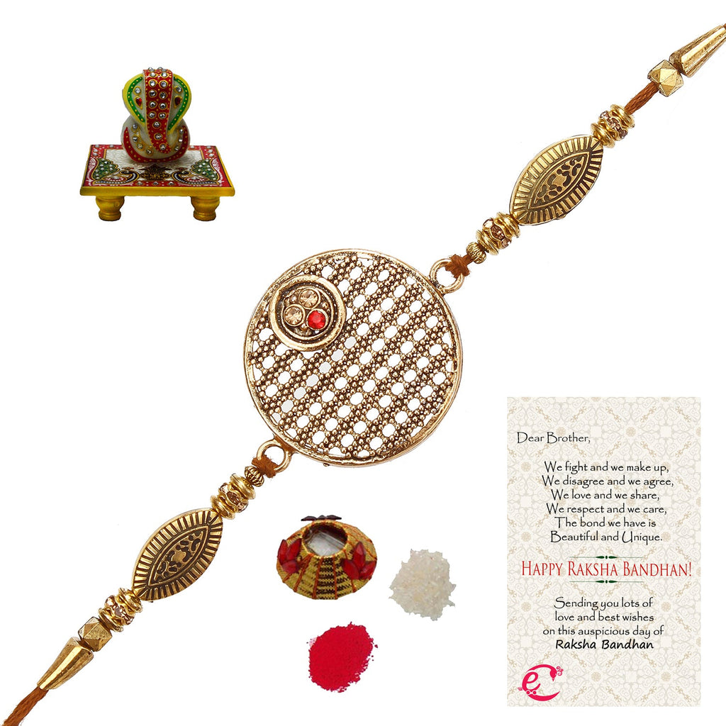 Designer Rakhi with Lord Ganesha on Marble Chowki and Roli Tikka Matki, Best Wishes Greeting Card Kafalo