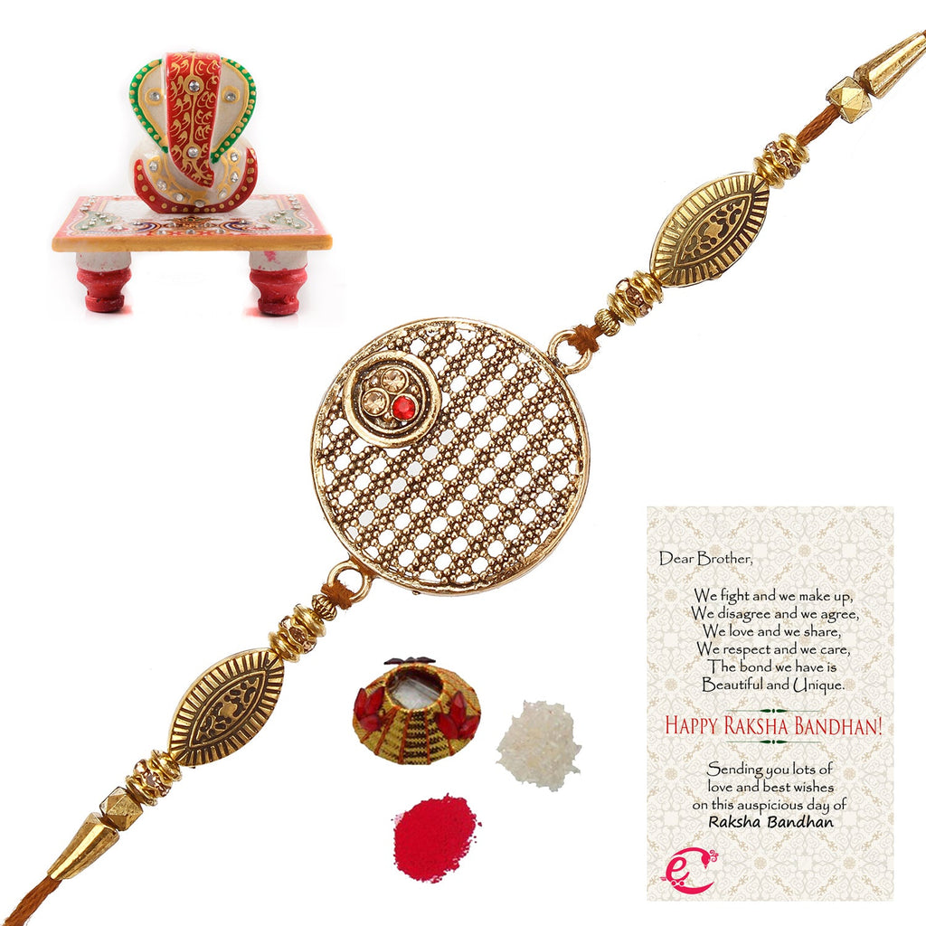 Designer Rakhi with Lord Ganesha Marble Chowki and Roli Tikka Matki, Best Wishes Greeting Card Kafalo