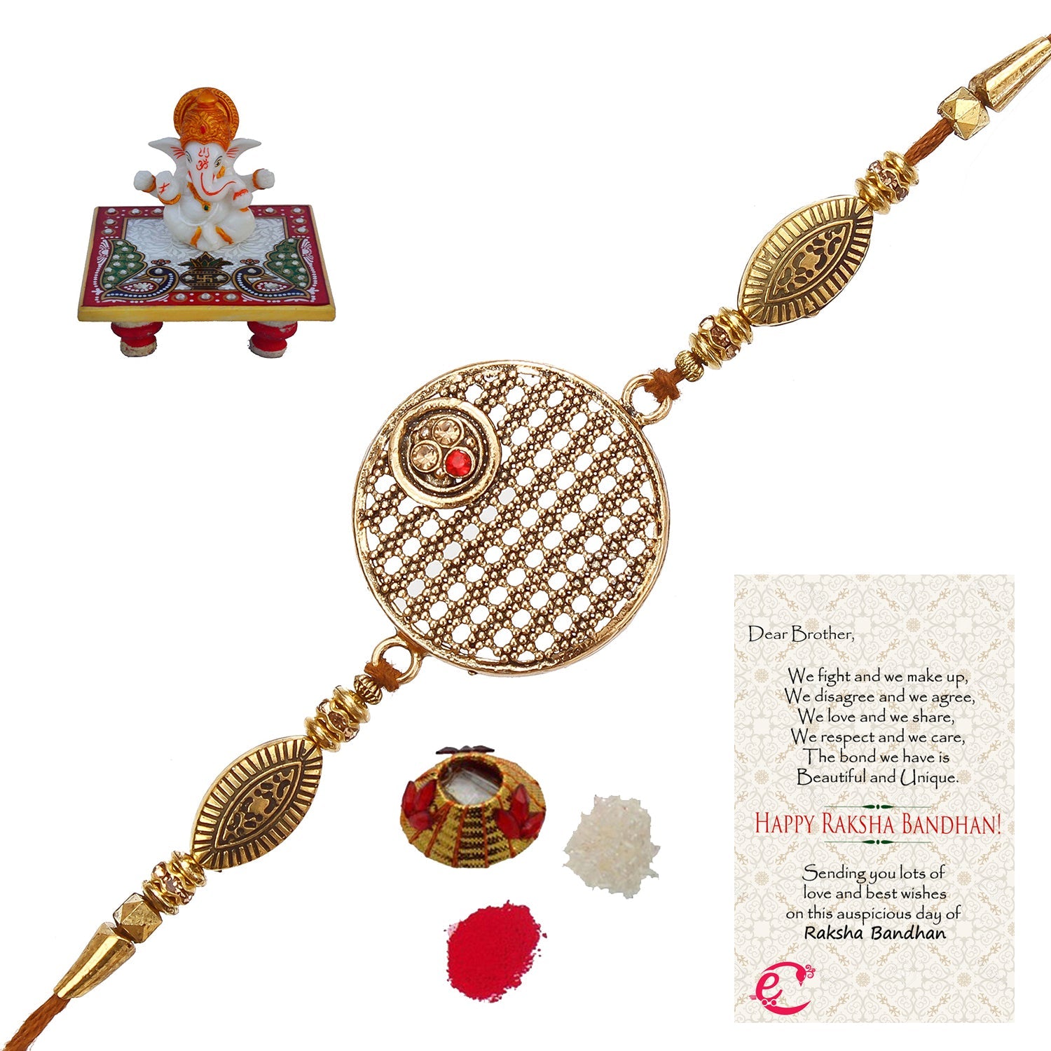 Designer Rakhi with Lord Ganesha Marble Chowki and Roli Tikka Matki, Best Wishes Greeting Card Kafalo