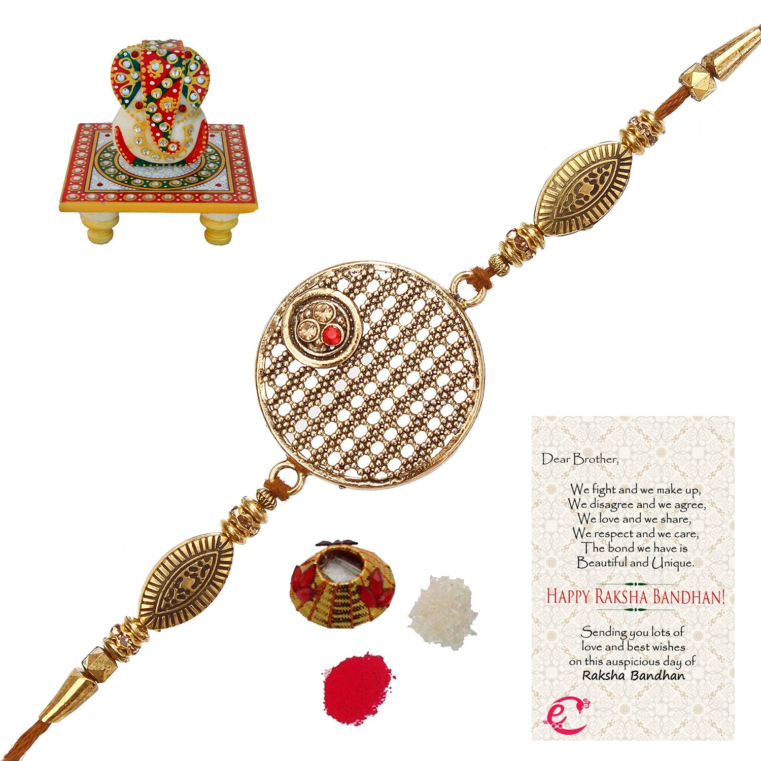 Designer Rakhi with Lord Ganesha on Kundan Studded Marble Chowki and Roli Tikka Matki, Best Wishes Greeting Card Kafalo