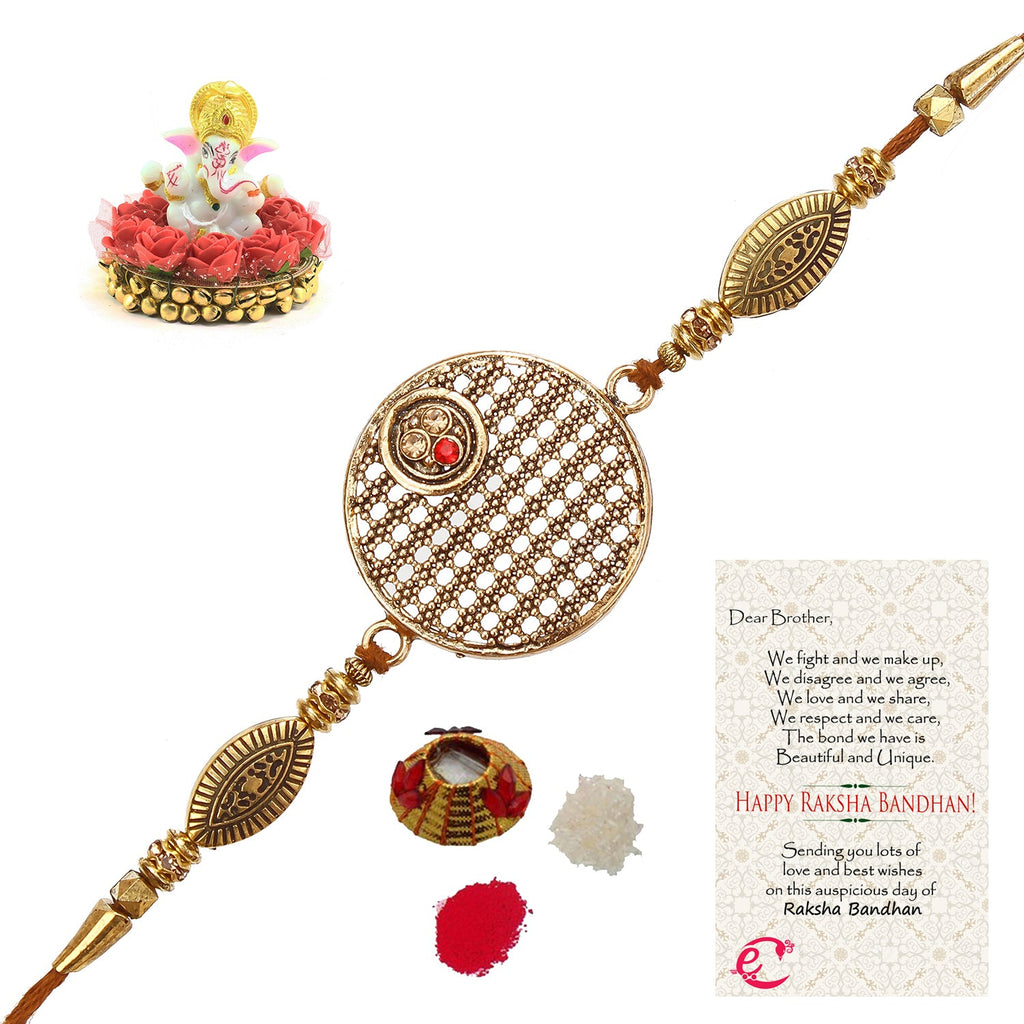 Designer Rakhi with Lord Ganesha Idol on Decorative Plate for Car & Home and Roli Tikka Matki, Best Wishes Greeting Card Kafalo