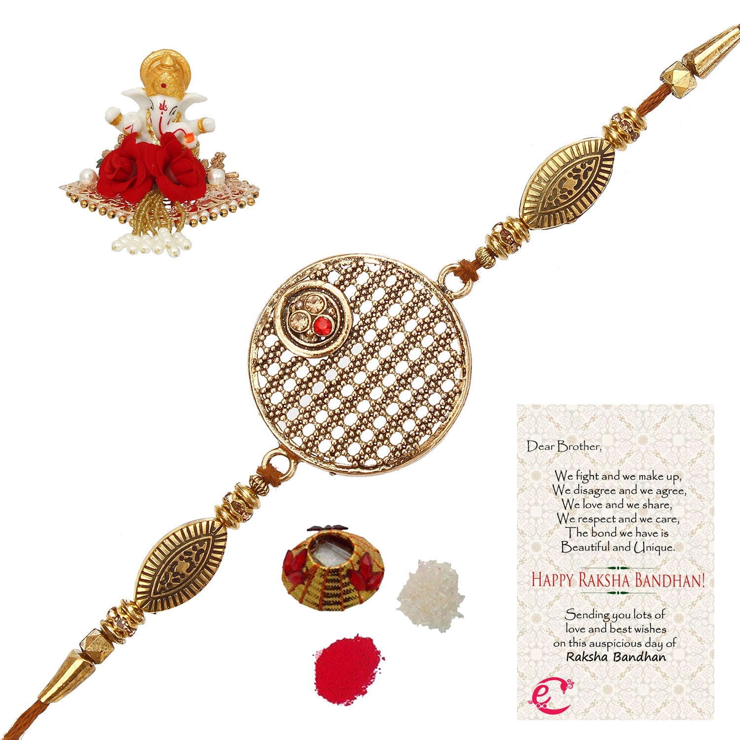 Designer Rakhi with Lord Ganesha Idol on Decorative Plate for Car & Home and Roli Tikka Matki, Best Wishes Greeting Card Kafalo