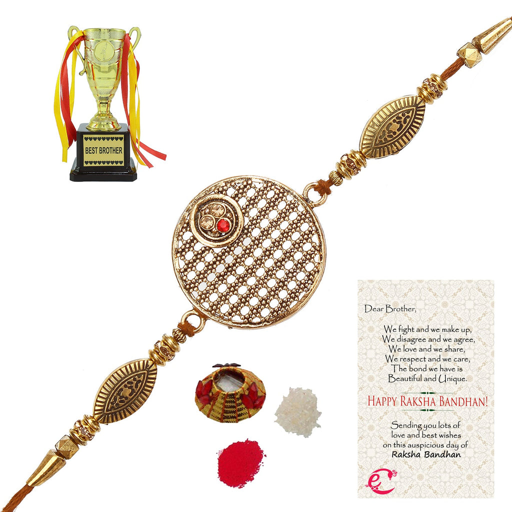 Designer Rakhi with Best Brother Trophy and Roli Tikka Matki, Best Wishes Greeting Card Kafalo