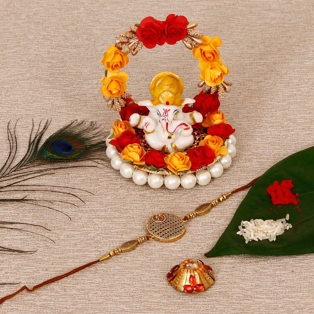 Designer Rakhi with Lord Ganesha Idol on Decorative Plate for Car & Home and Roli Tikka Matki Kafalo