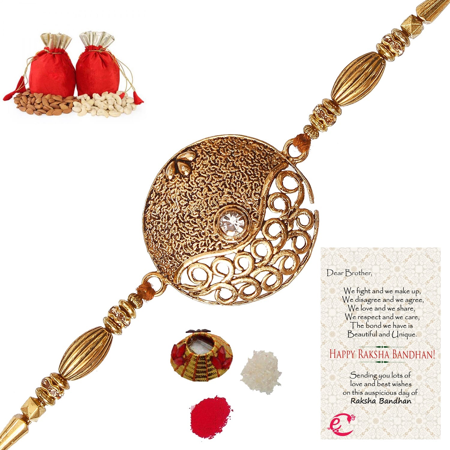 Designer Rakhi with Badam and Cashew (200 gm each, total 400 gm) and Roli Tikka Matki, Best Wishes Greeting Card Kafalo