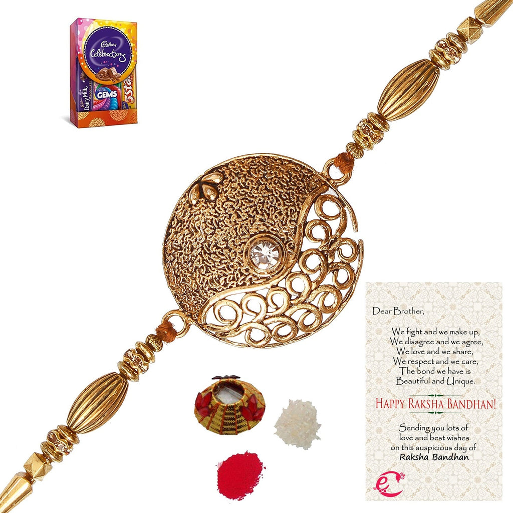 Designer Rakhi with Cadbury Celebrations Gift Pack of 5 Assorted Chocolates and Roli Tikka Matki, Best Wishes Greeting Card Kafalo