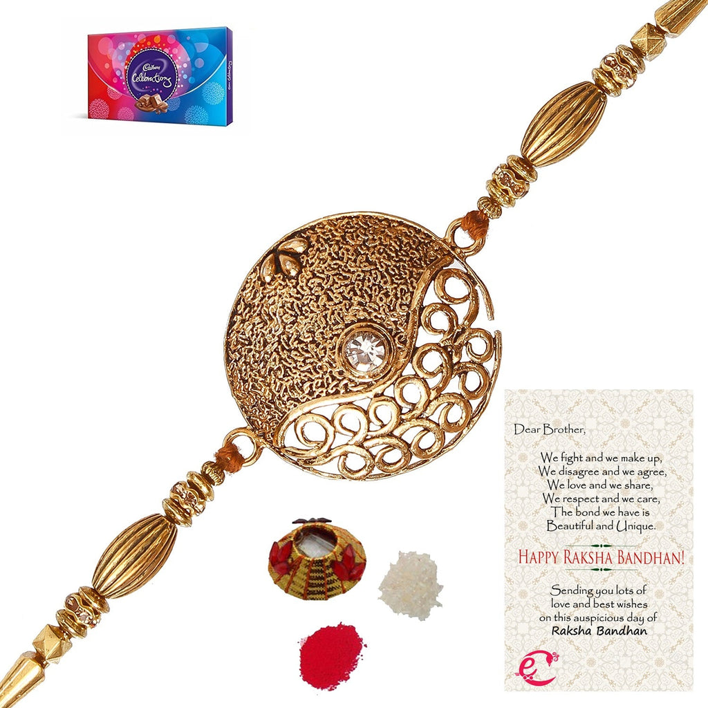 Designer Rakhi with Cadbury Celebrations Gift Pack of 7 Assorted Chocolates and Roli Tikka Matki, Best Wishes Greeting Card Kafalo