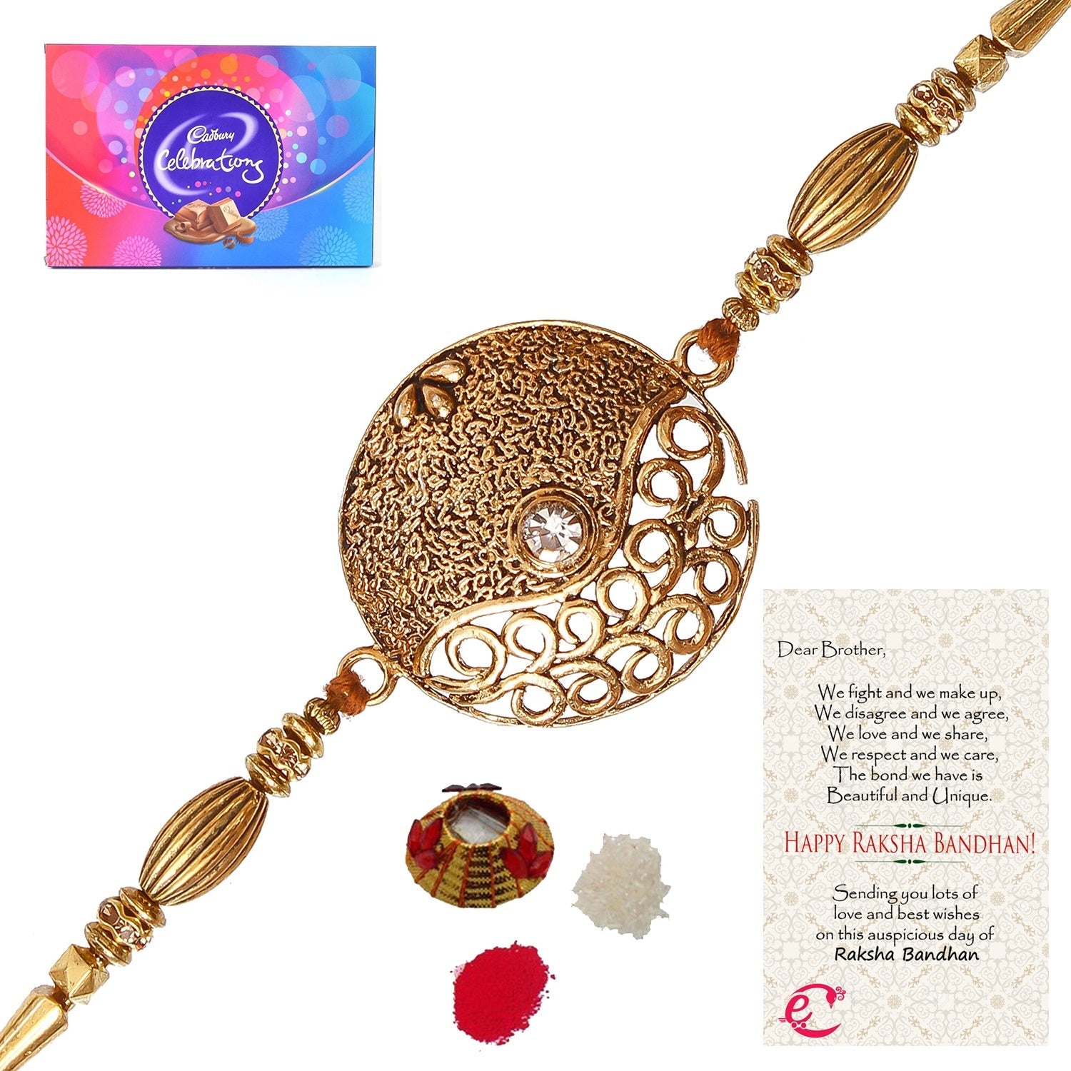 Designer Rakhi with Cadbury Celebrations Gift Pack of 11 Assorted Chocolates and Roli Tikka Matki, Best Wishes Greeting Card Kafalo
