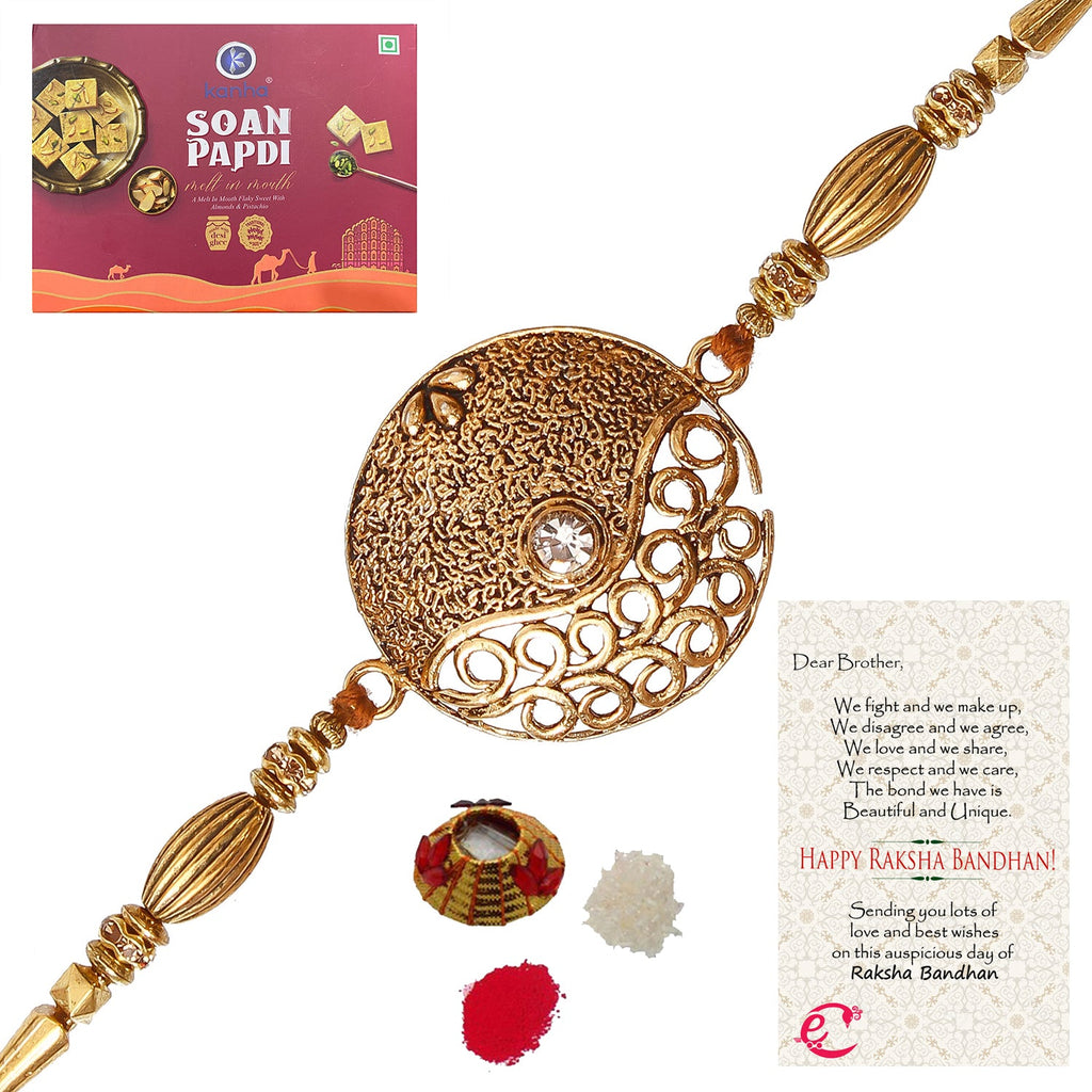 Designer Rakhi with Soan Papdi (500 Gm) and Roli Tikka Matki, Best Wishes Greeting Card Kafalo