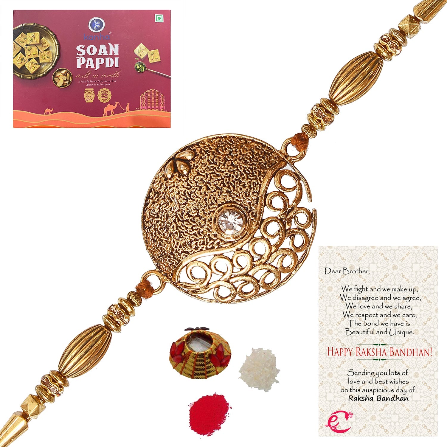 Designer Rakhi with Soan Papdi (500 Gm) and Roli Tikka Matki, Best Wishes Greeting Card Kafalo