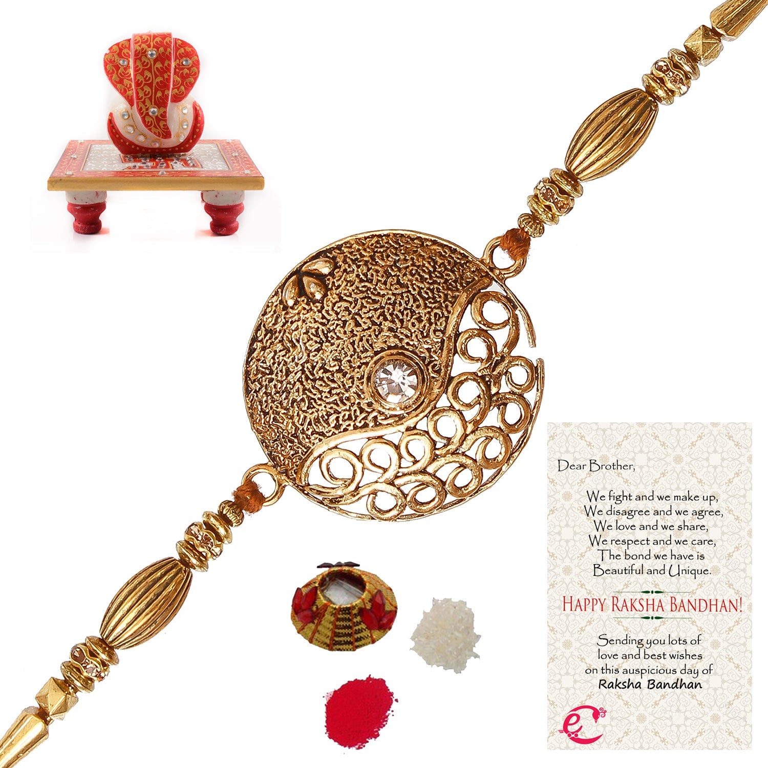 Designer Rakhi with Ridhi Sidhi Marble chowki and Roli Tikka Matki, Best Wishes Greeting Card Kafalo