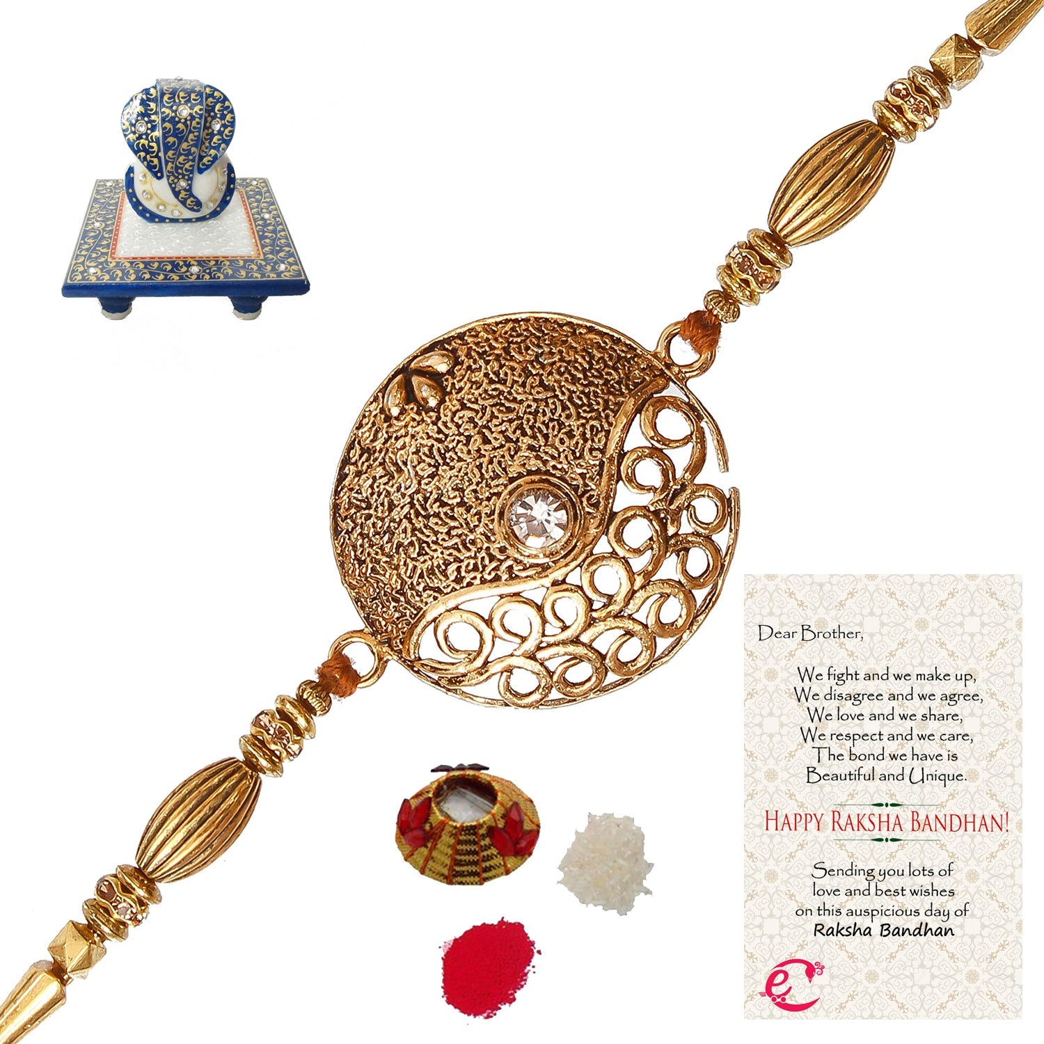 Designer Rakhi with Lord Ganesha Marble Chowki and Roli Tikka Matki, Best Wishes Greeting Card Kafalo