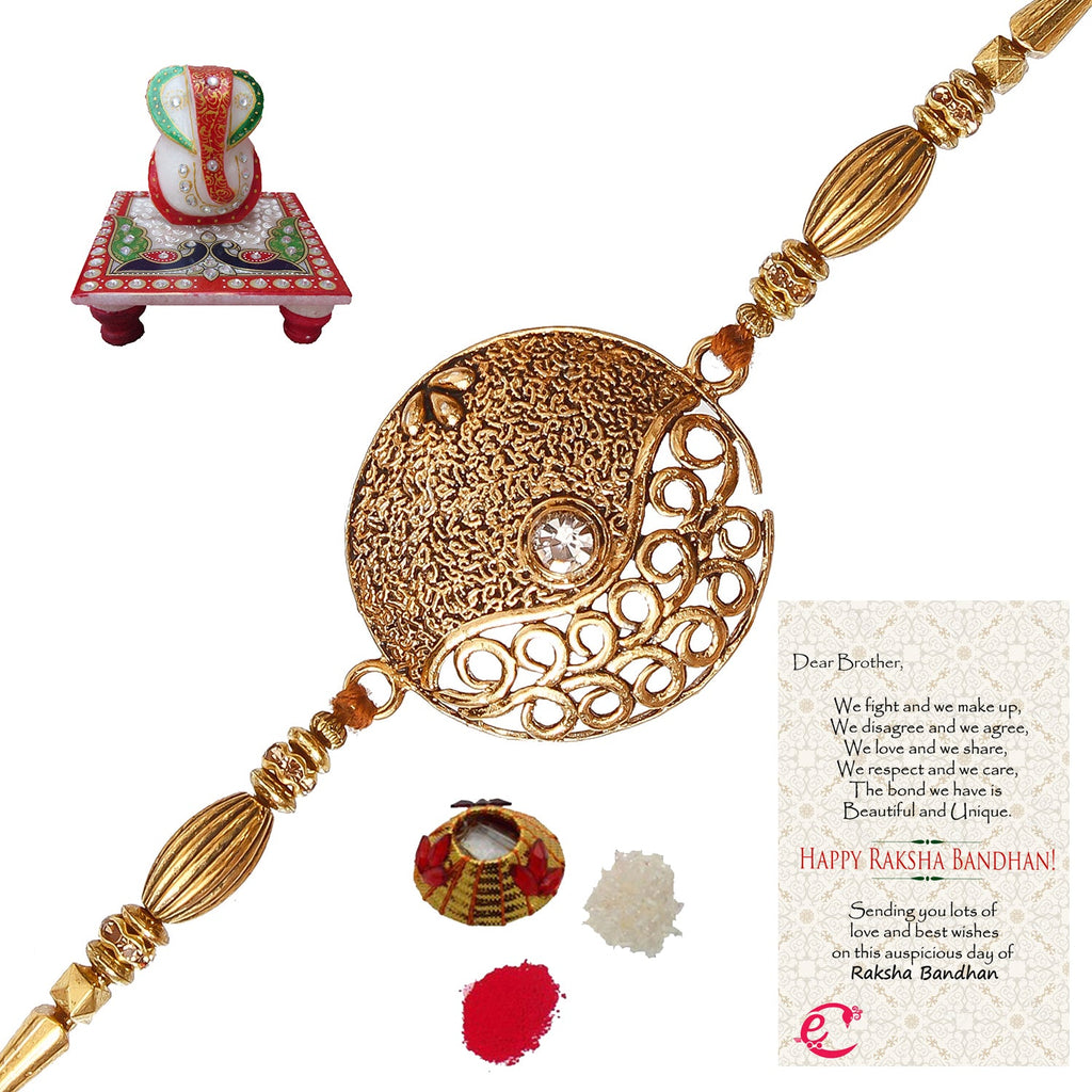 Designer Rakhi with Lord Ganesha Marble Chowki and Roli Tikka Matki, Best Wishes Greeting Card Kafalo