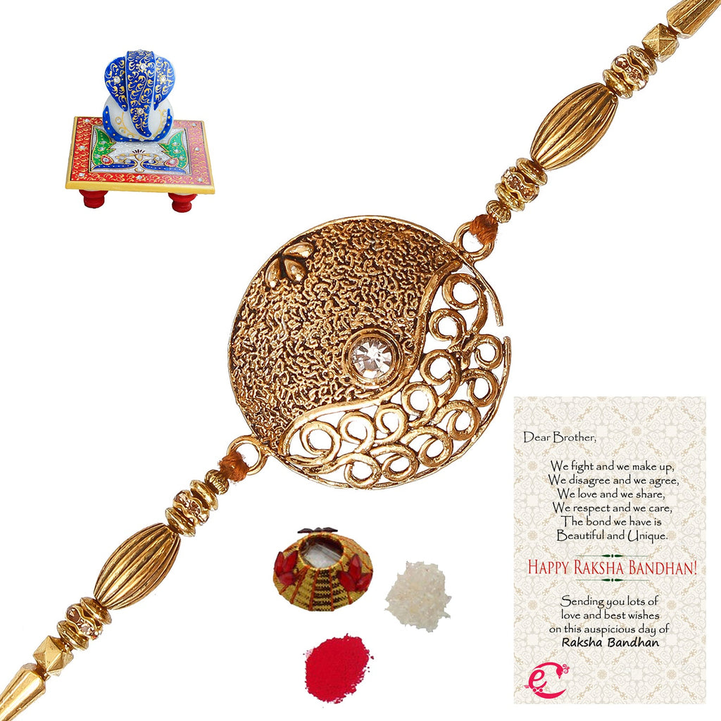 Designer Rakhi with Lord Ganesha on Marble Chowki and Roli Tikka Matki, Best Wishes Greeting Card Kafalo