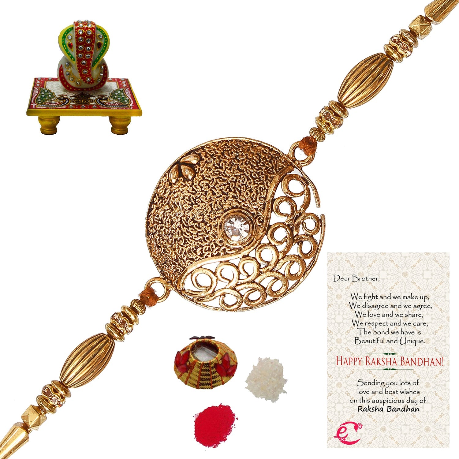 Designer Rakhi with Lord Ganesha on Marble Chowki and Roli Tikka Matki, Best Wishes Greeting Card Kafalo