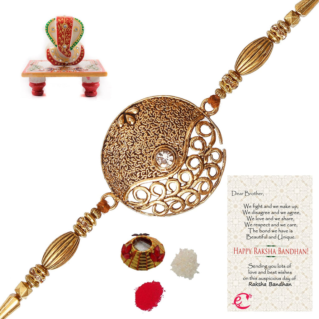 Designer Rakhi with Lord Ganesha Marble Chowki and Roli Tikka Matki, Best Wishes Greeting Card Kafalo