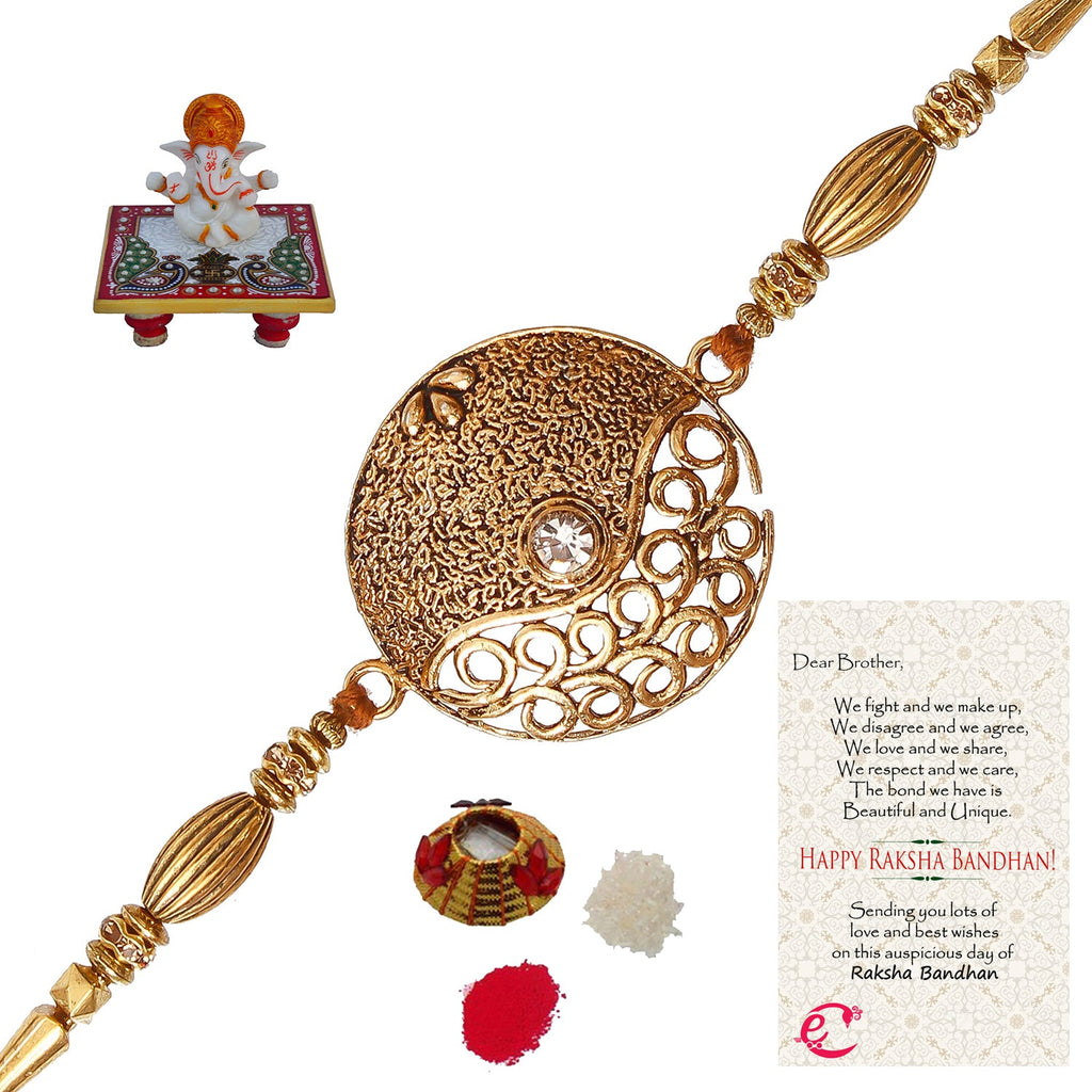 Designer Rakhi with Lord Ganesha Marble Chowki and Roli Tikka Matki, Best Wishes Greeting Card Kafalo