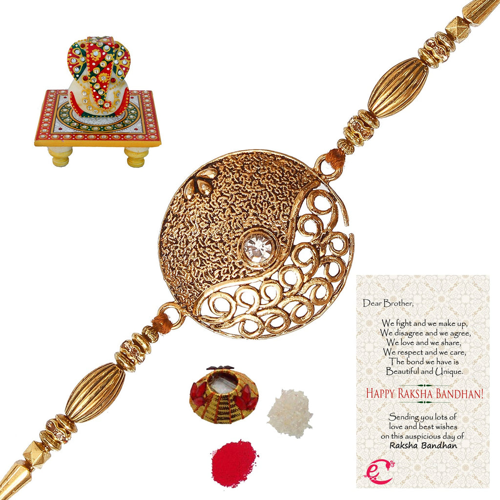 Designer Rakhi with Lord Ganesha on Kundan Studded Marble Chowki and Roli Tikka Matki, Best Wishes Greeting Card Kafalo