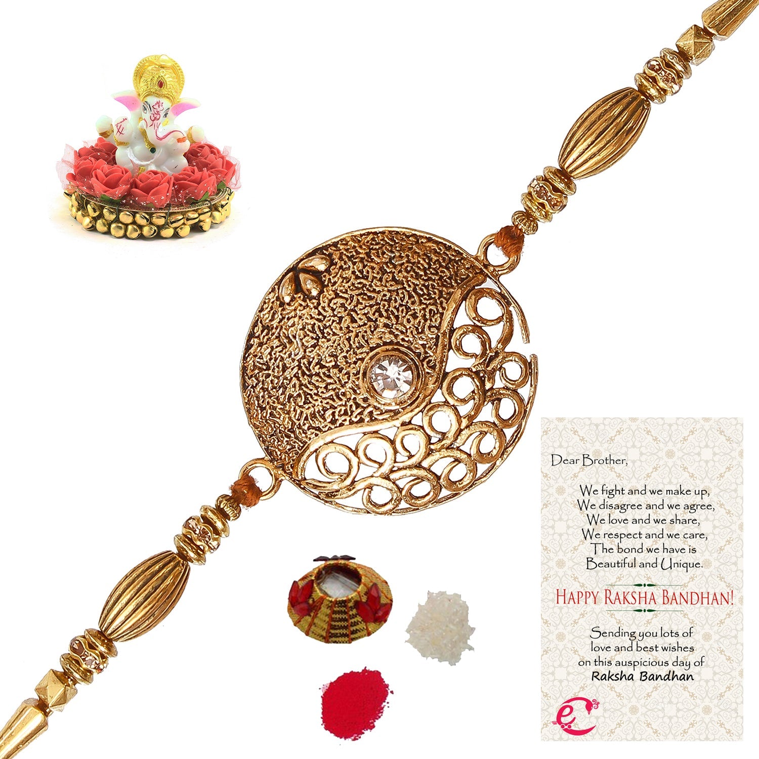 Designer Rakhi with Lord Ganesha Idol on Decorative Plate for Car & Home and Roli Tikka Matki, Best Wishes Greeting Card Kafalo
