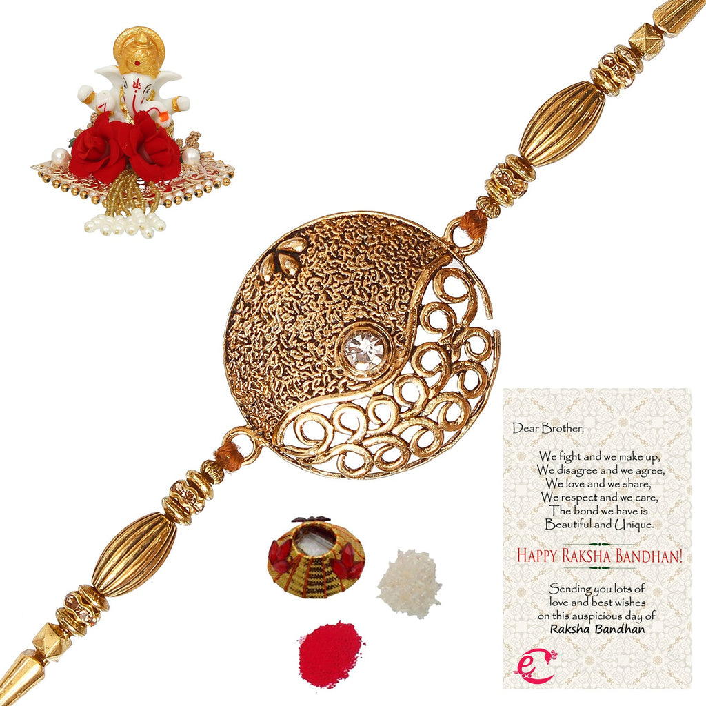 Designer Rakhi with Lord Ganesha Idol on Decorative Plate for Car & Home and Roli Tikka Matki, Best Wishes Greeting Card Kafalo