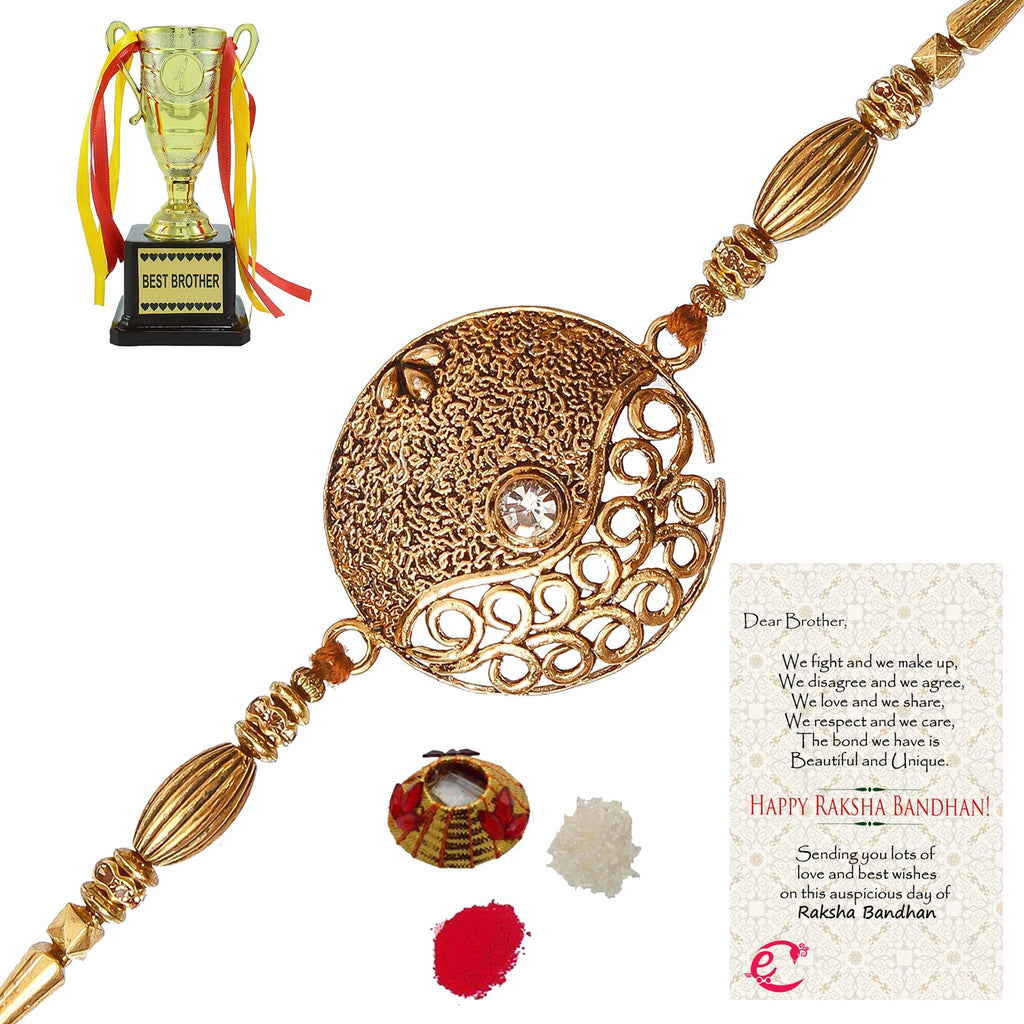 Designer Rakhi with Best Brother Trophy and Roli Tikka Matki, Best Wishes Greeting Card Kafalo