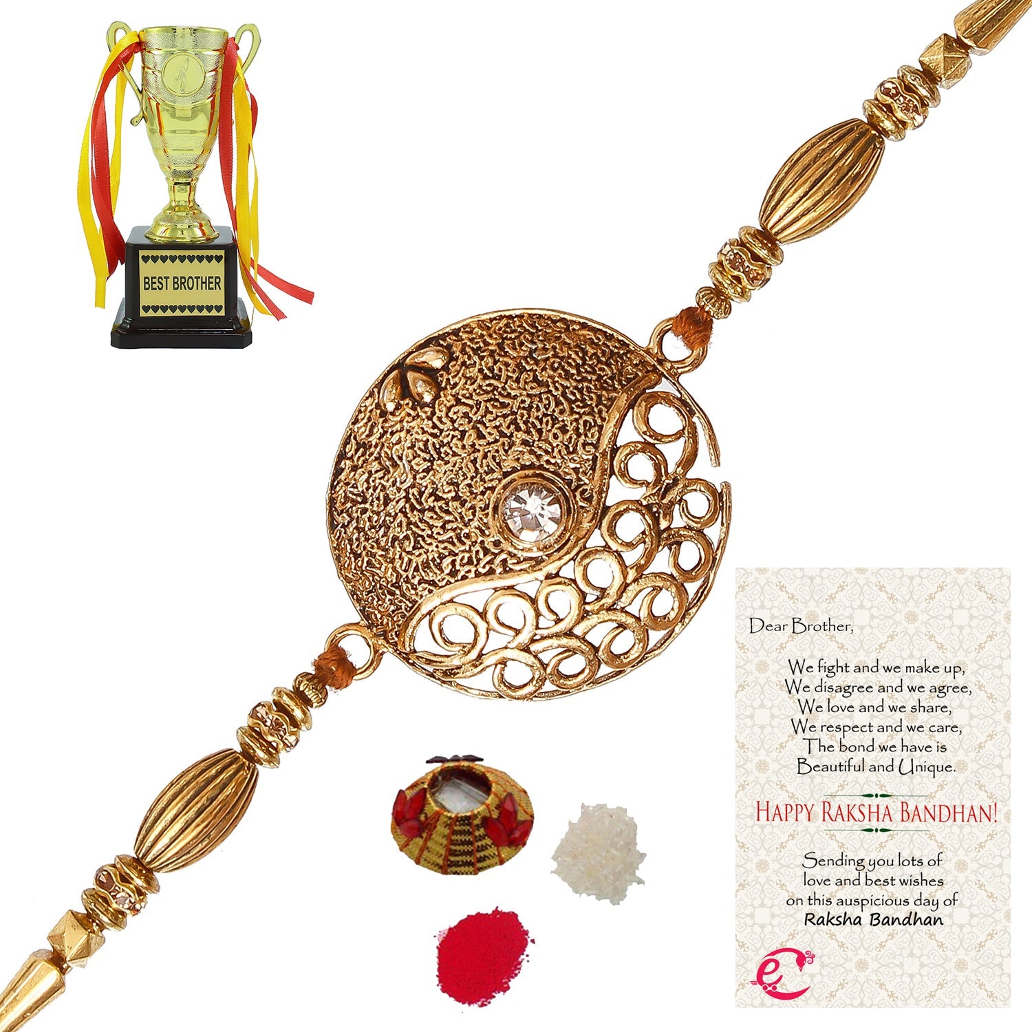 Designer Rakhi with Best Brother Trophy and Roli Tikka Matki, Best Wishes Greeting Card Kafalo