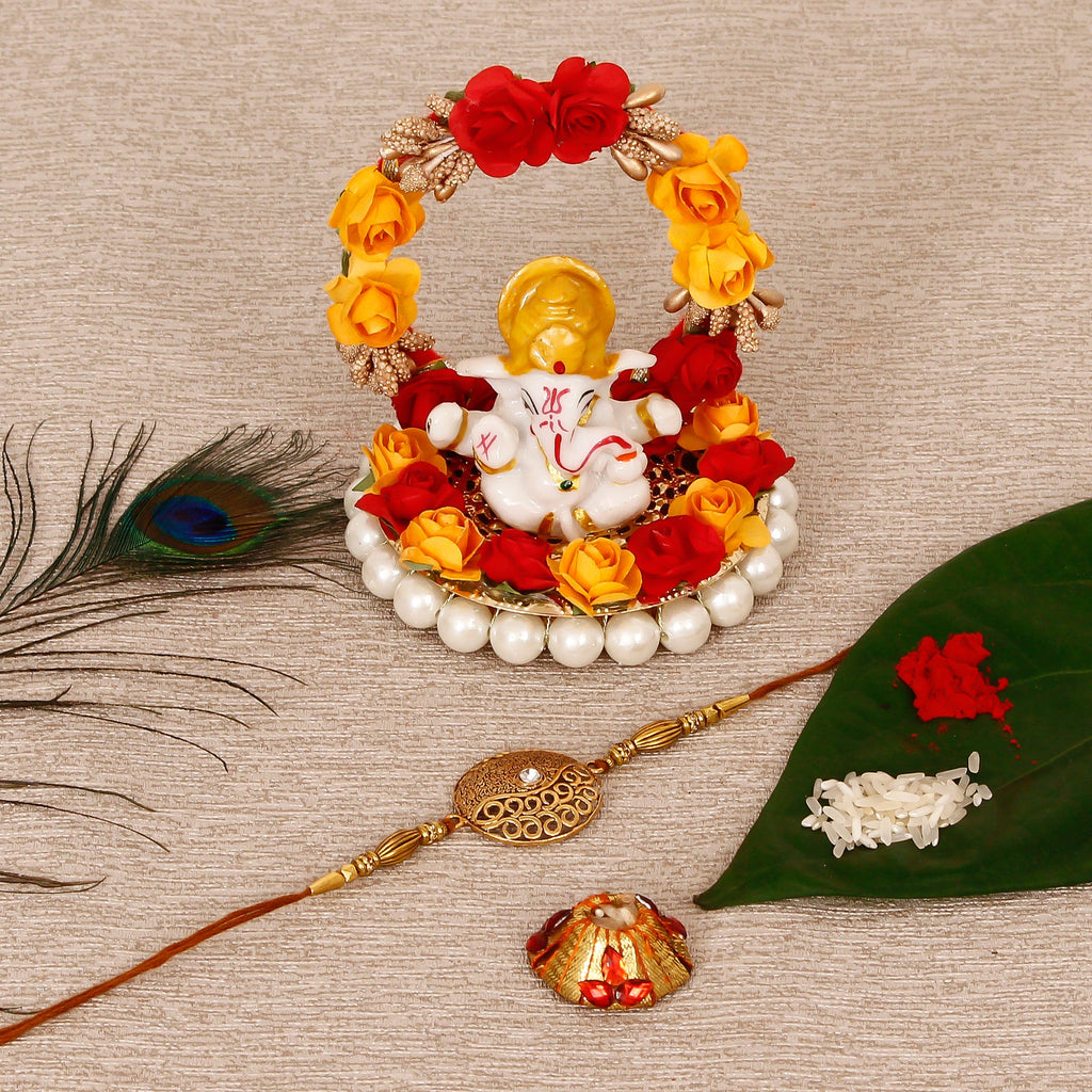 Designer Rakhi with Lord Ganesha Idol on Decorative Plate for Car & Home and Roli Tikka Matki Kafalo