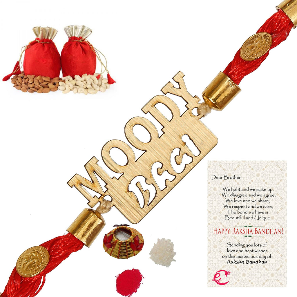 Designer Wooden Moddy Bhai Rakhi with Badam and Cashew (200 gm each, total 400 gm) and Roli Tikka Matki, Best Wishes Greeting Card Kafalo