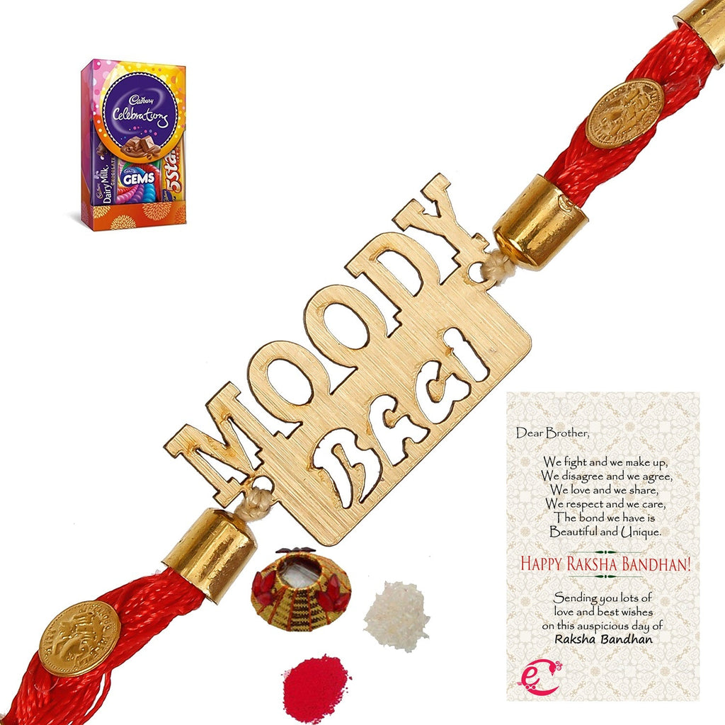 Designer Wooden Moddy Bhai Rakhi with Cadbury Celebrations Gift Pack of 5 Assorted Chocolates and Roli Tikka Matki, Best Wishes Greeting Card Kafalo
