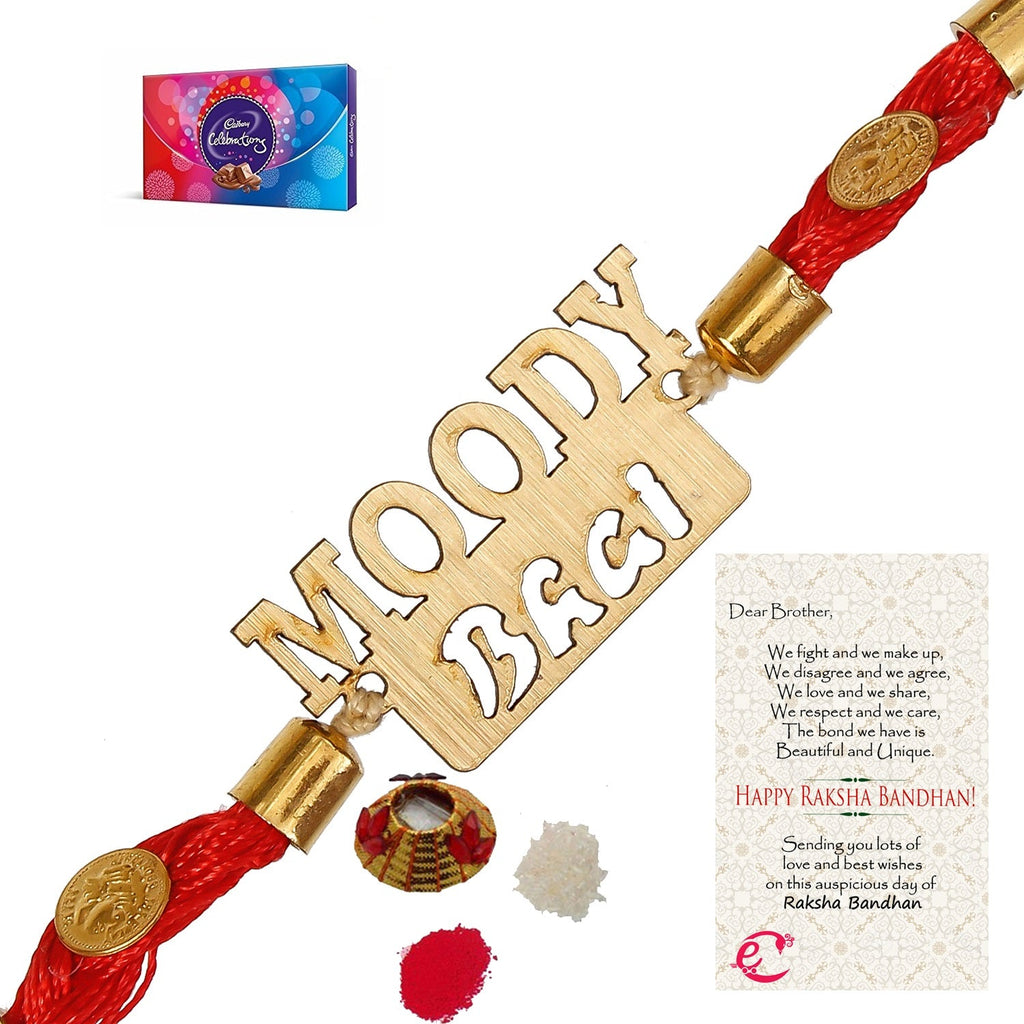 Designer Wooden Moddy Bhai Rakhi with Cadbury Celebrations Gift Pack of 7 Assorted Chocolates and Roli Tikka Matki, Best Wishes Greeting Card Kafalo