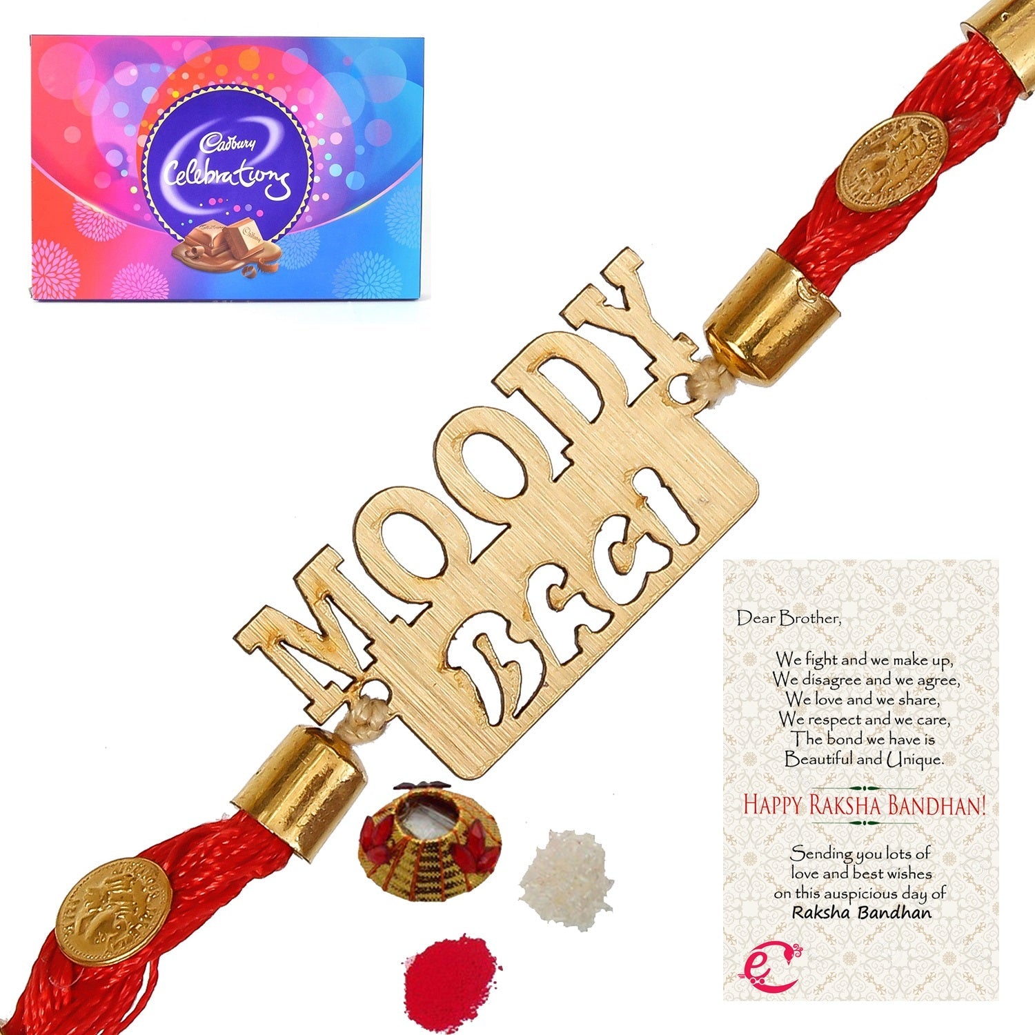 Designer Wooden Moddy Bhai Rakhi with Cadbury Celebrations Gift Pack of 11 Assorted Chocolates and Roli Tikka Matki, Best Wishes Greeting Card Kafalo