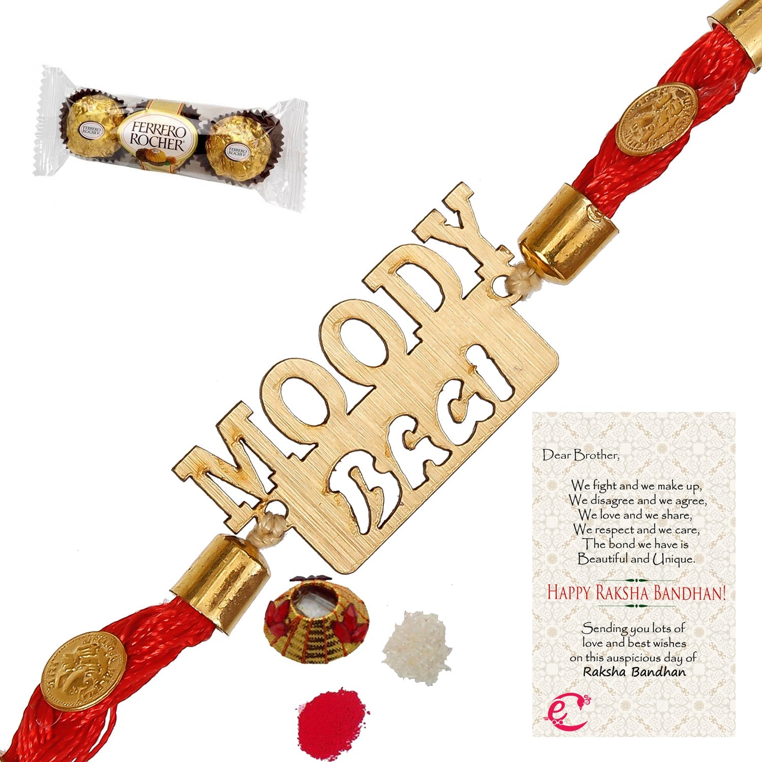 Designer Wooden Moddy Bhai Rakhi with Ferrero Rocher (3 pcs) and Roli Tikka Matki, Best Wishes Greeting Card Kafalo