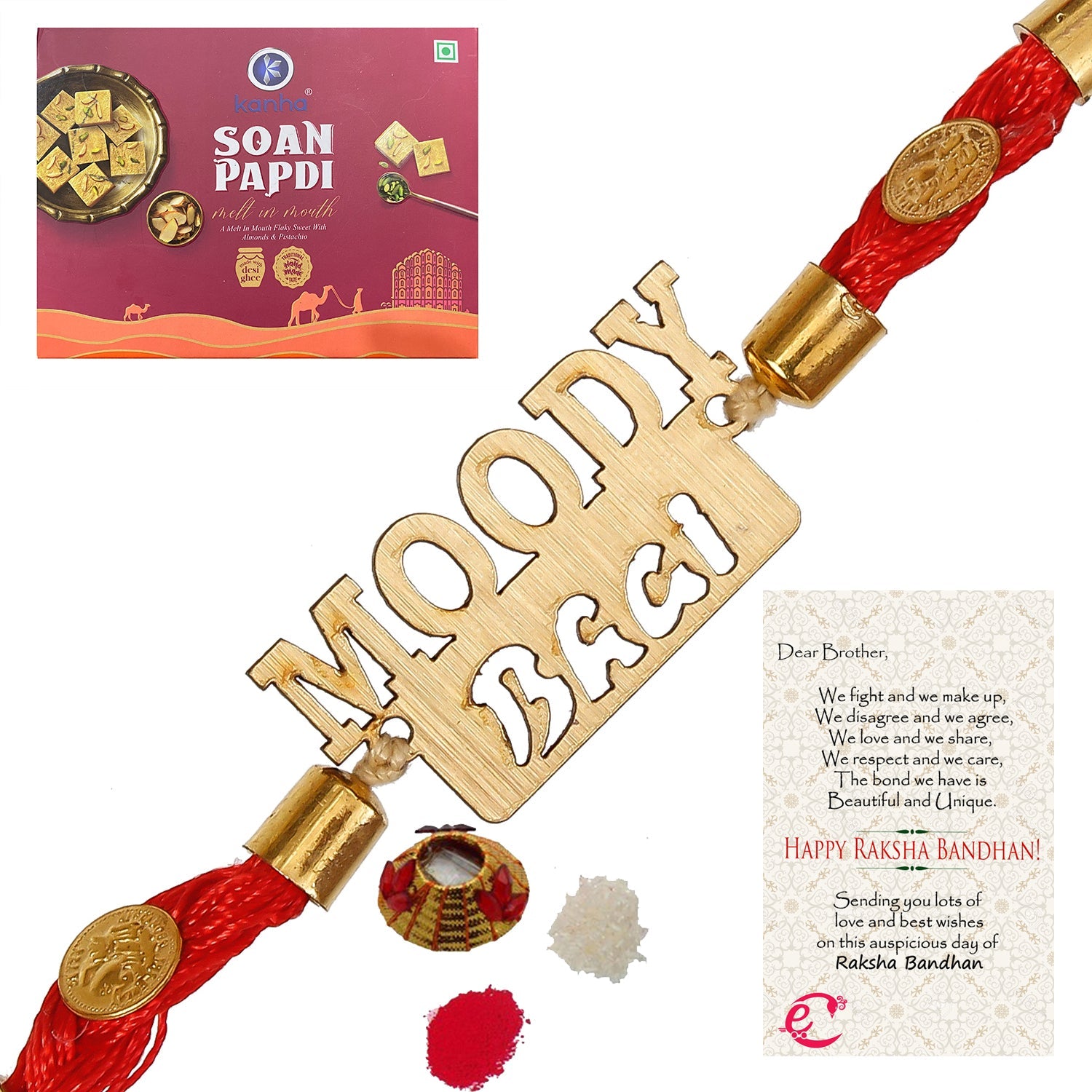 Designer Wooden Moddy Bhai Rakhi with Soan Papdi (500 Gm) and Roli Tikka Matki, Best Wishes Greeting Card Kafalo