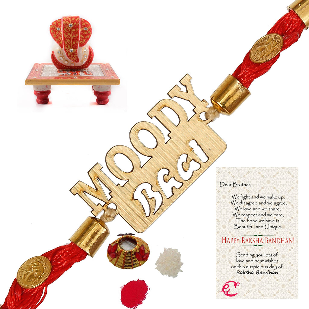Designer Wooden Moddy Bhai Rakhi with Ridhi Sidhi Marble chowki and Roli Tikka Matki, Best Wishes Greeting Card Kafalo