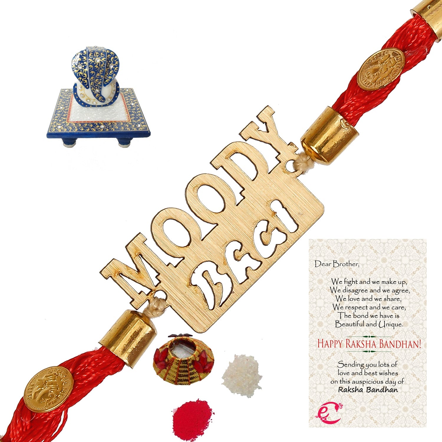 Designer Wooden Moddy Bhai Rakhi with Lord Ganesha Marble Chowki and Roli Tikka Matki, Best Wishes Greeting Card Kafalo