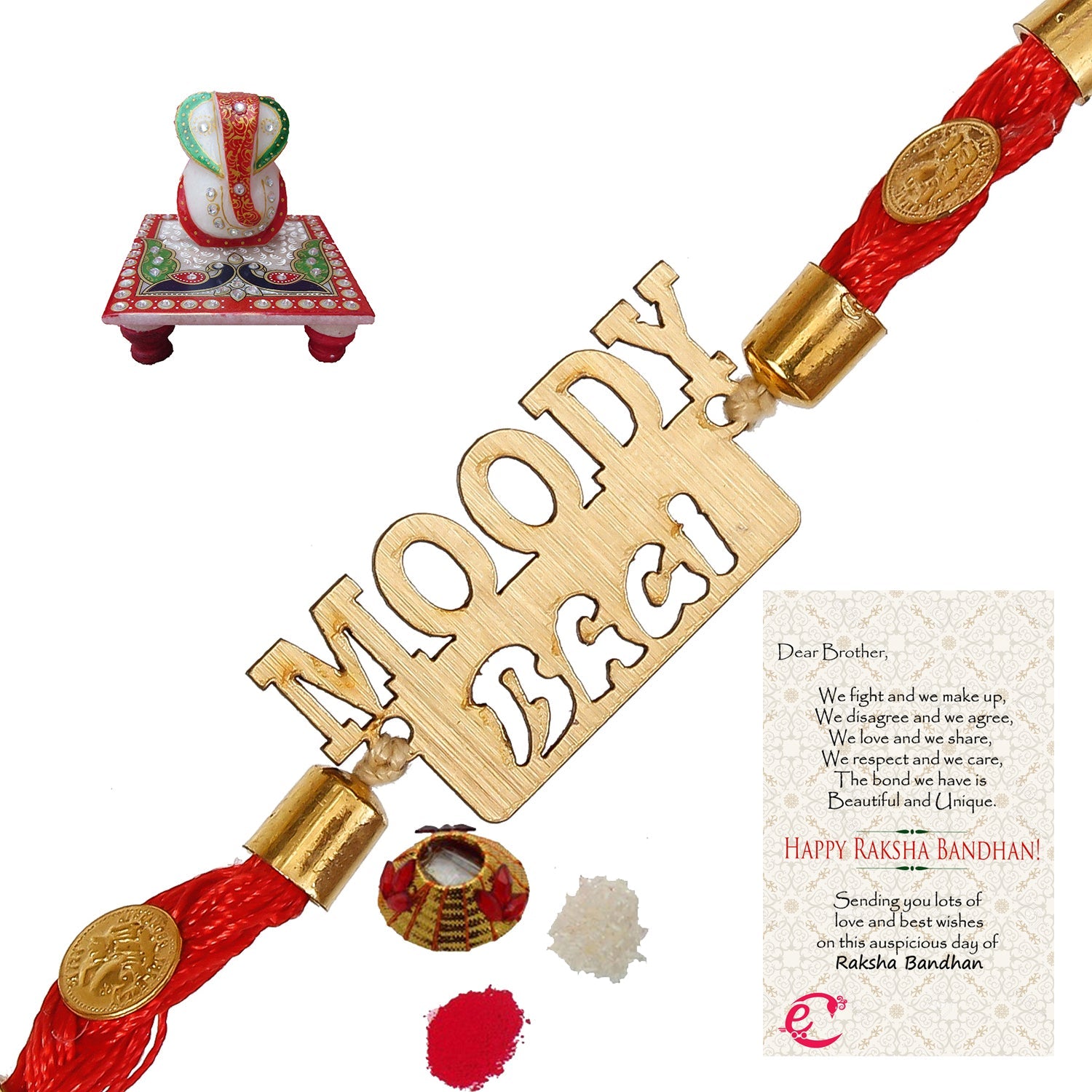 Designer Wooden Moddy Bhai Rakhi with Lord Ganesha Marble Chowki and Roli Tikka Matki, Best Wishes Greeting Card Kafalo