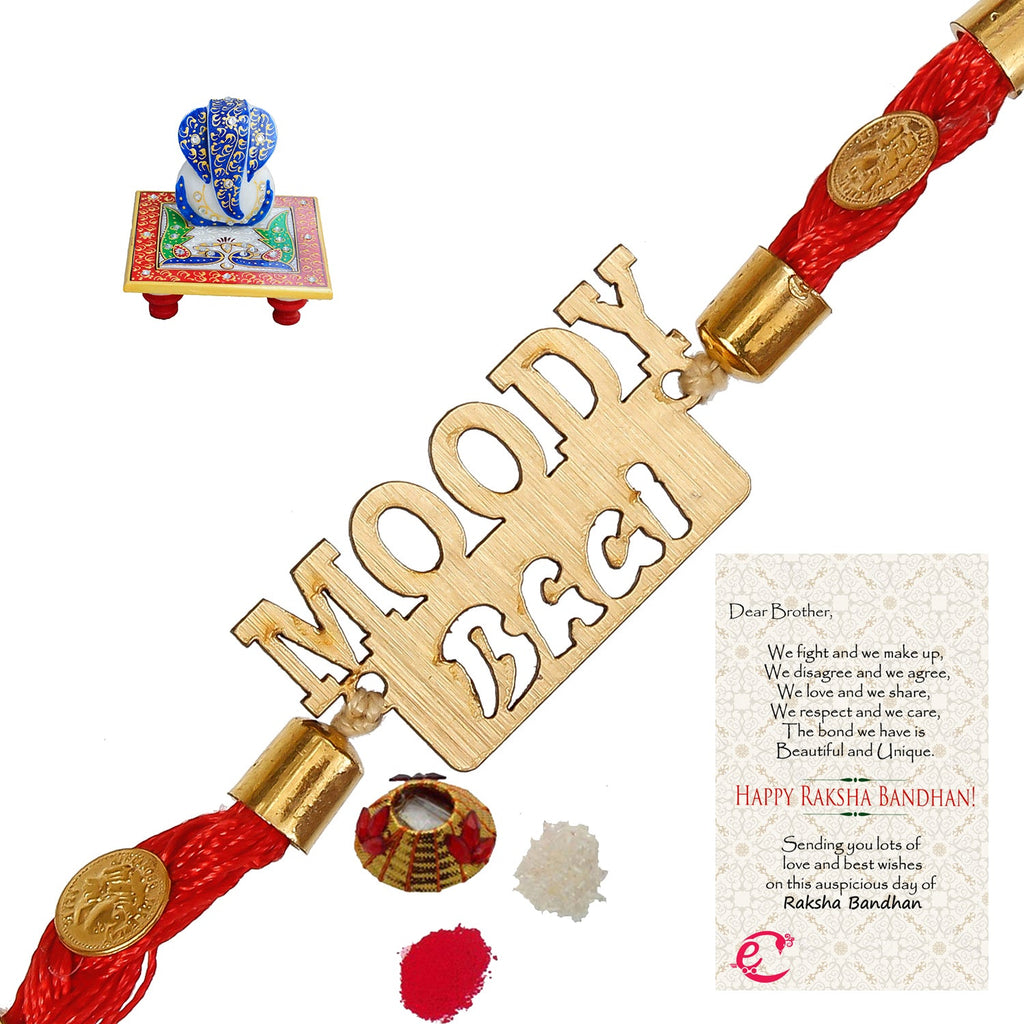 Designer Wooden Moddy Bhai Rakhi with Lord Ganesha on Marble Chowki and Roli Tikka Matki, Best Wishes Greeting Card Kafalo