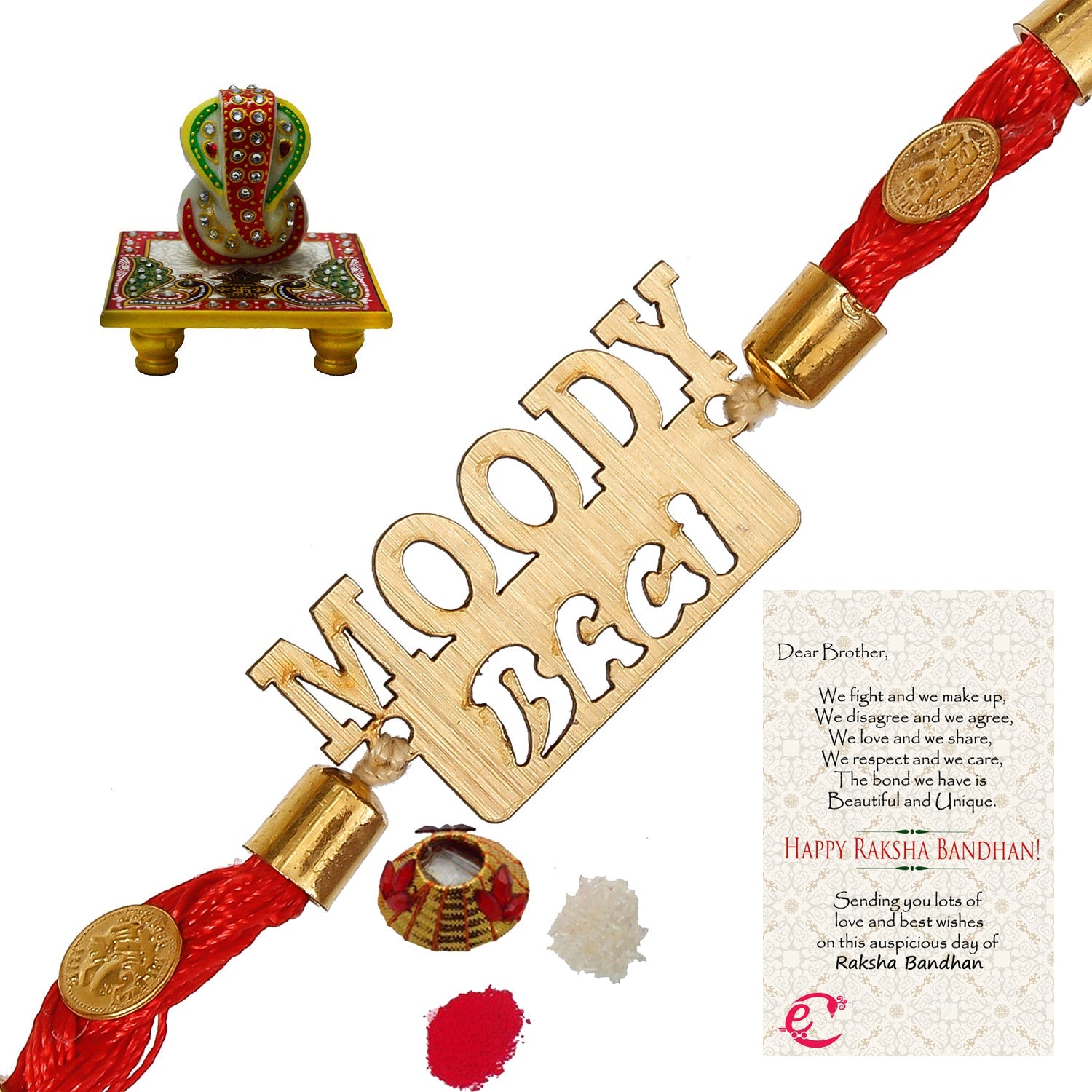 Designer Wooden Moddy Bhai Rakhi with Lord Ganesha on Marble Chowki and Roli Tikka Matki, Best Wishes Greeting Card Kafalo