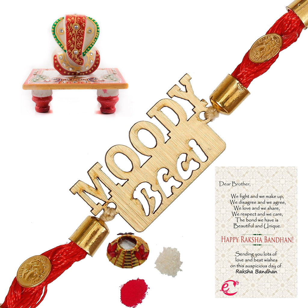 Designer Wooden Moddy Bhai Rakhi with Lord Ganesha Marble Chowki and Roli Tikka Matki, Best Wishes Greeting Card Kafalo