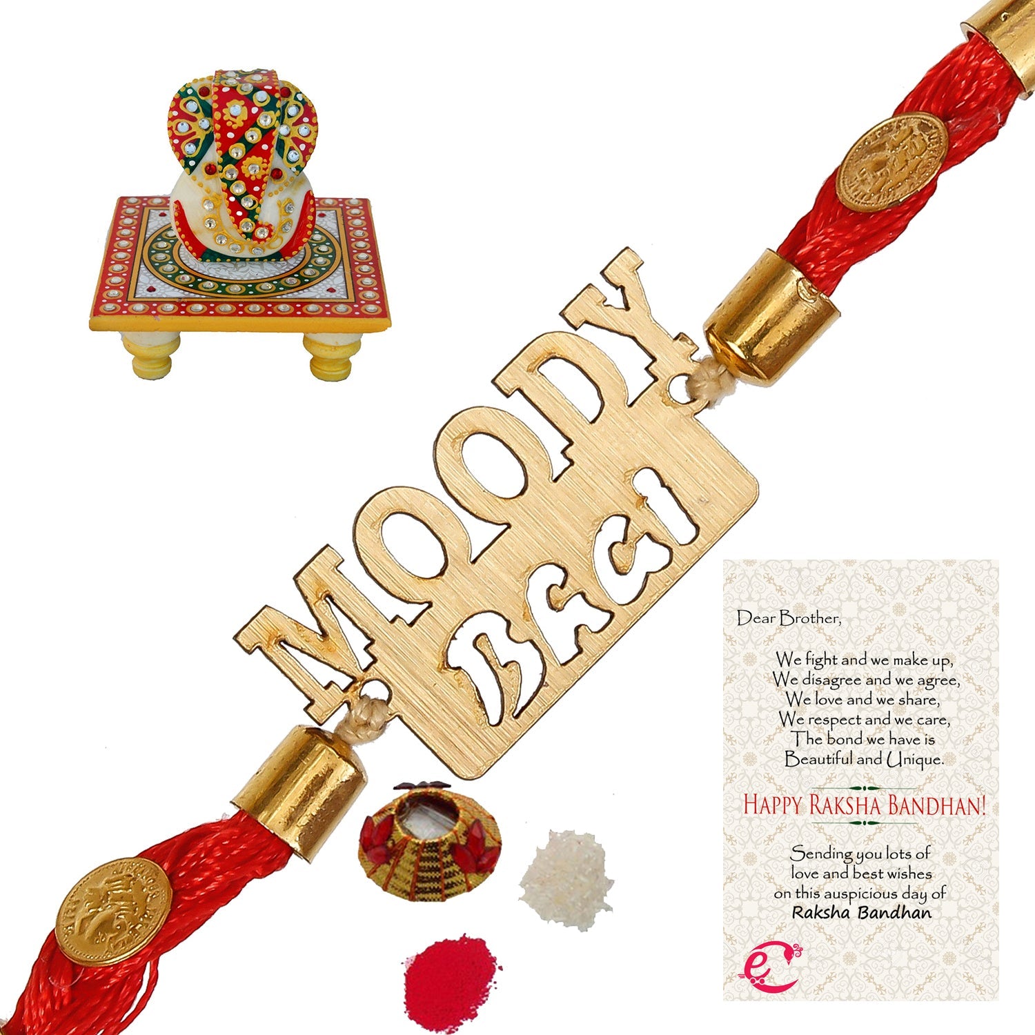 Designer Wooden Moddy Bhai Rakhi with Lord Ganesha on Kundan Studded Marble Chowki and Roli Tikka Matki, Best Wishes Greeting Card Kafalo