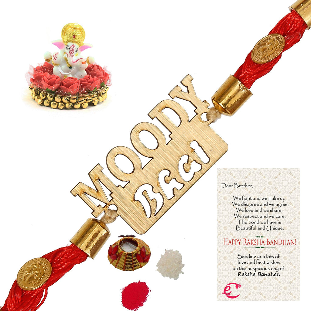 Designer Wooden Moddy Bhai Rakhi with Lord Ganesha Idol on Decorative Plate for Car & Home and Roli Tikka Matki, Best Wishes Greeting Card Kafalo