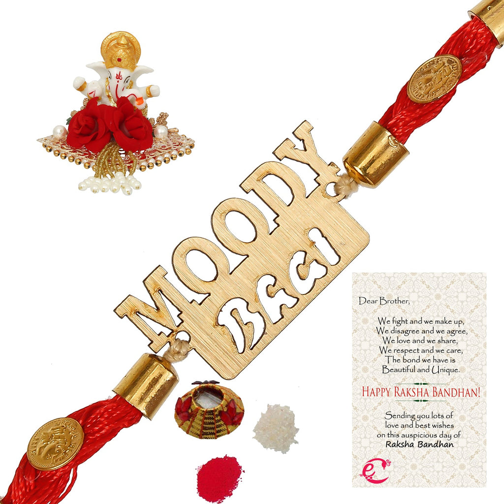 Designer Wooden Moddy Bhai Rakhi with Lord Ganesha Idol on Decorative Plate for Car & Home and Roli Tikka Matki, Best Wishes Greeting Card Kafalo
