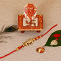 Designer Wooden Moddy Bhai Rakhi with Ridhi Sidhi Marble chowki and Roli Tikka Matki Kafalo